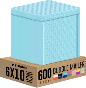 Metronic Bubble Mailers 6x10 Baby Blue, Case of 600, Self-Seal Poly Padded Mailer Envelopes Packaging Bags, Bulk Package Packing Shipping Supplies for Small Business, Boutique, Jewelry, Lip Gloss