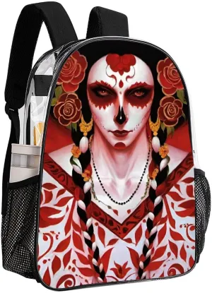 Mexican Sugar Skull Floral Women Day Of The Dead Art Daypack Lightweight Multipurpose Anti-Theft Shoulder Bag Large Capacity Laptop Book Bag Rucksack Transparent Bag