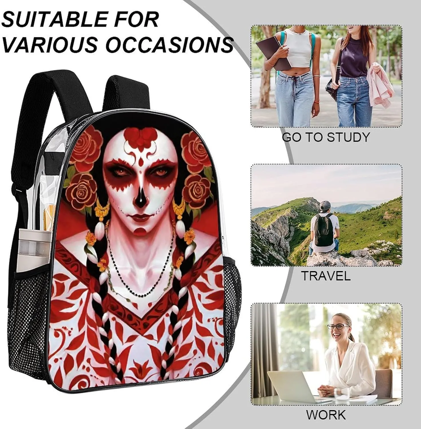 Mexican Sugar Skull Floral Women Day Of The Dead Art Daypack Lightweight Multipurpose Anti-Theft Shoulder Bag Large Capacity Laptop Book Bag Rucksack Transparent Bag