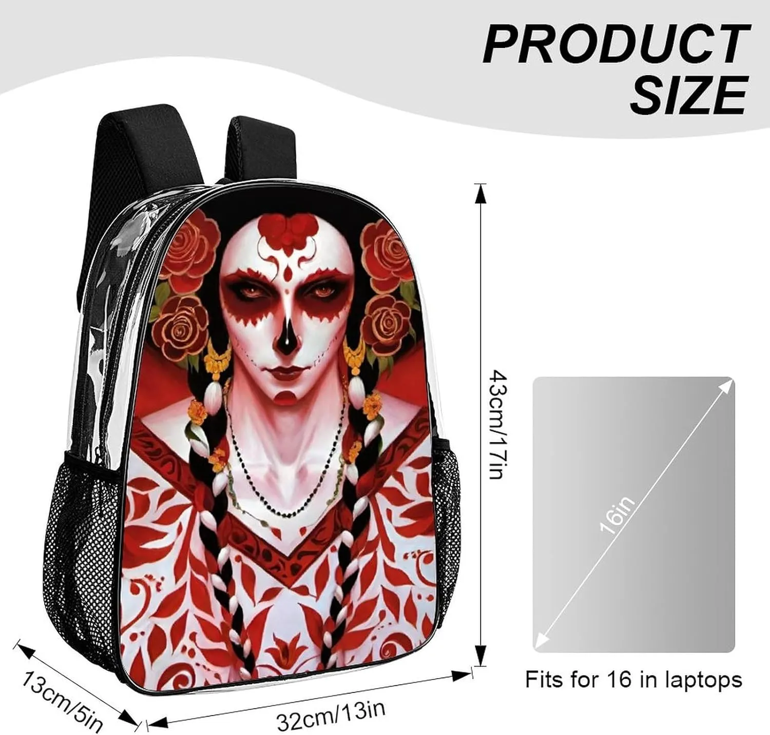 Mexican Sugar Skull Floral Women Day Of The Dead Art Daypack Lightweight Multipurpose Anti-Theft Shoulder Bag Large Capacity Laptop Book Bag Rucksack Transparent Bag