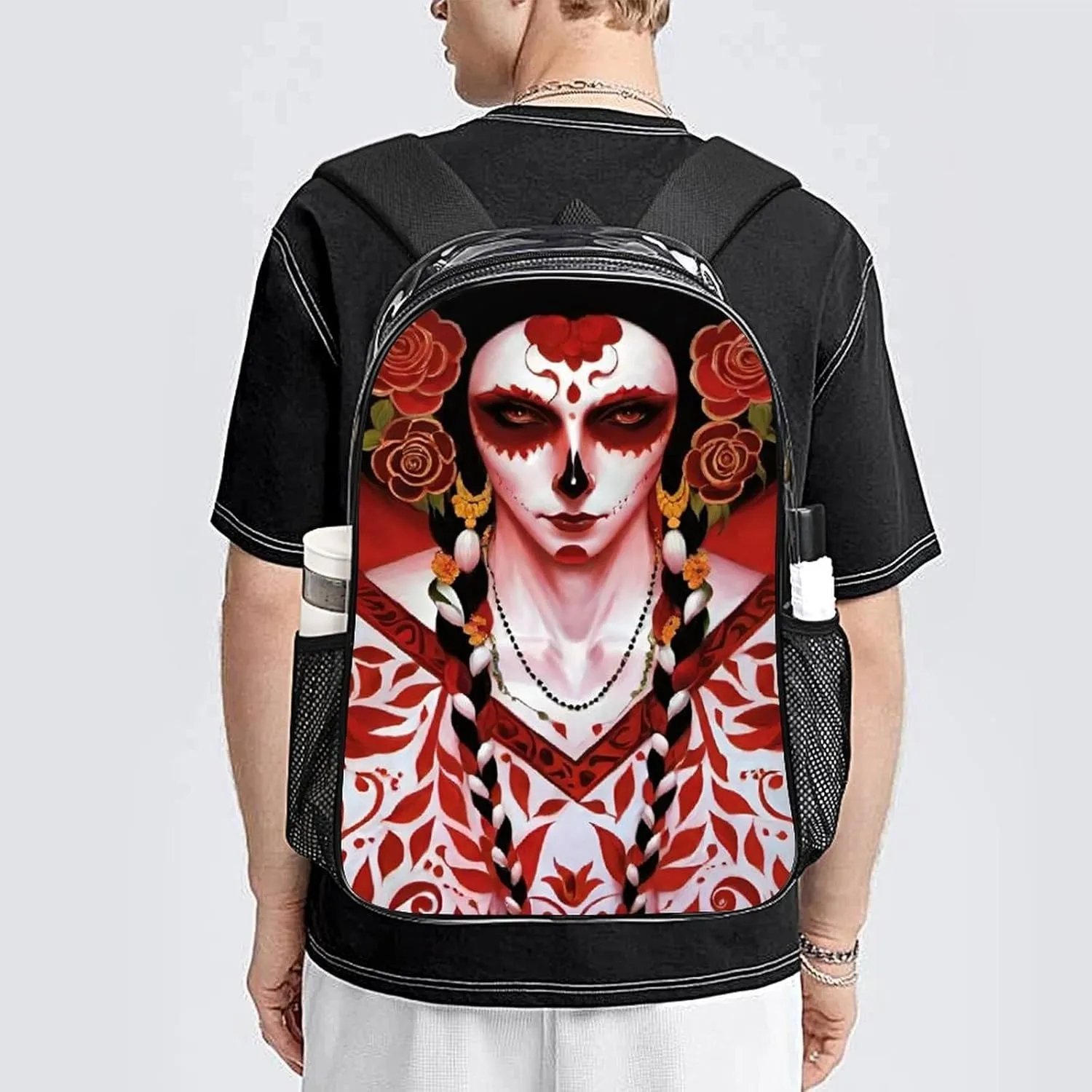 Mexican Sugar Skull Floral Women Day Of The Dead Art Daypack Lightweight Multipurpose Anti-Theft Shoulder Bag Large Capacity Laptop Book Bag Rucksack Transparent Bag