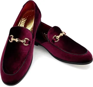 MHB Men's Luxury Velvet Loafer Metallic Suede Dress Shoes Fashionabe Smoking Slipper Burgundy Size 8.5