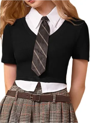 Milumia Women's 2 in 1 Collared Tops Asymmetrical Colorblock Short Sleeve T Shirt with Tie