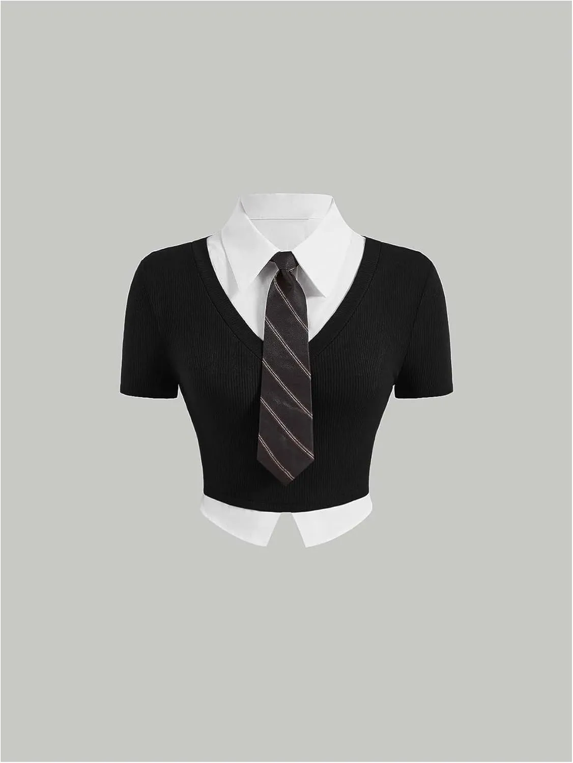Milumia Women's 2 in 1 Collared Tops Asymmetrical Colorblock Short Sleeve T Shirt with Tie