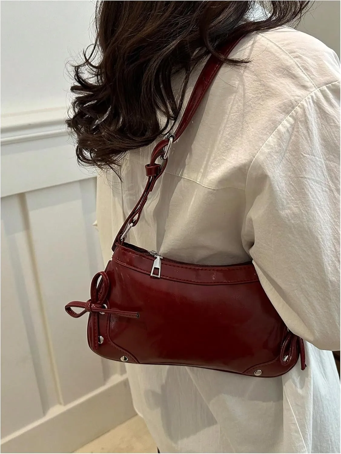 Milumia Women's Studded Bow Tie Shoulder Bag Vintage Square Faux Leather Handbags