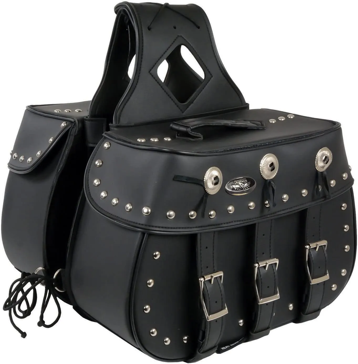 Milwaukee Leather SH652ZB Large Black Zip-Off 3-Buckle PVC Studded Throw Over Motorcycle Saddlebags - Large