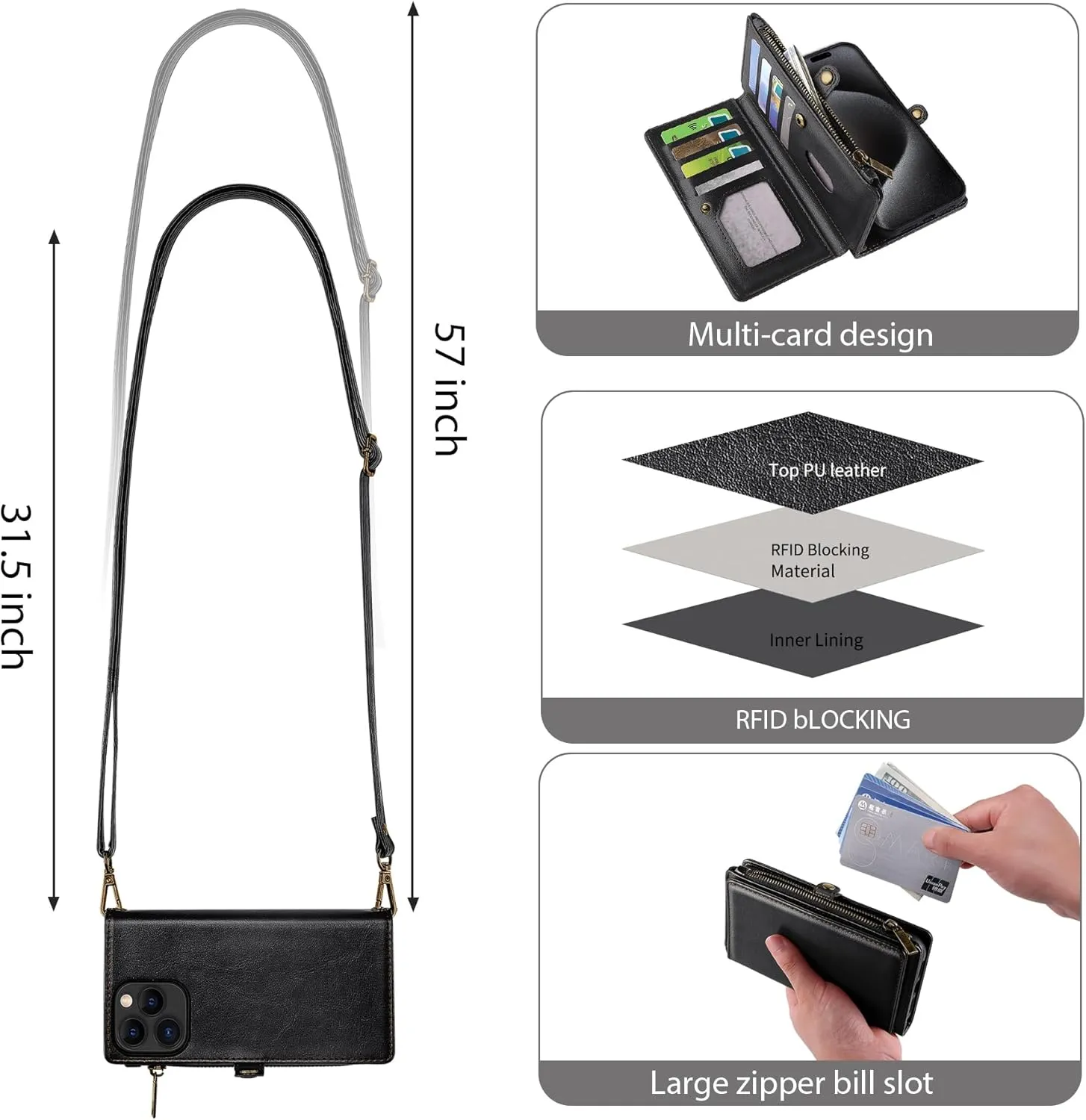 MInCYB for iPhone 13 Pro Wallet Case with Card Holder (12 Card Slots) - PU Leather Case for Women & Men, Wireless Charging, Detachable Magnetic, Crossbody Strap, Shockproof Protective Phone Cover.