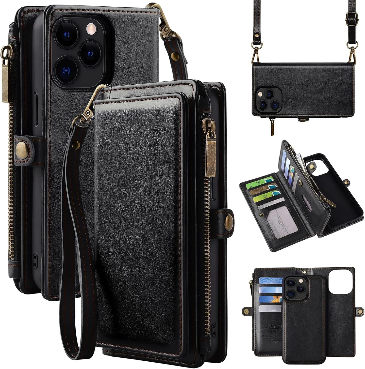 MInCYB for iPhone 13 Pro Wallet Case with Card Holder (12 Card Slots) - PU Leather Case for Women & Men, Wireless Charging, Detachable Magnetic, Crossbody Strap, Shockproof Protective Phone Cover.
