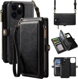 MInCYB for iPhone 13 Pro Wallet Case with Card Holder (12 Card Slots) - PU Leather Case for Women & Men, Wireless Charging, Detachable Magnetic, Crossbody Strap, Shockproof Protective Phone Cover.