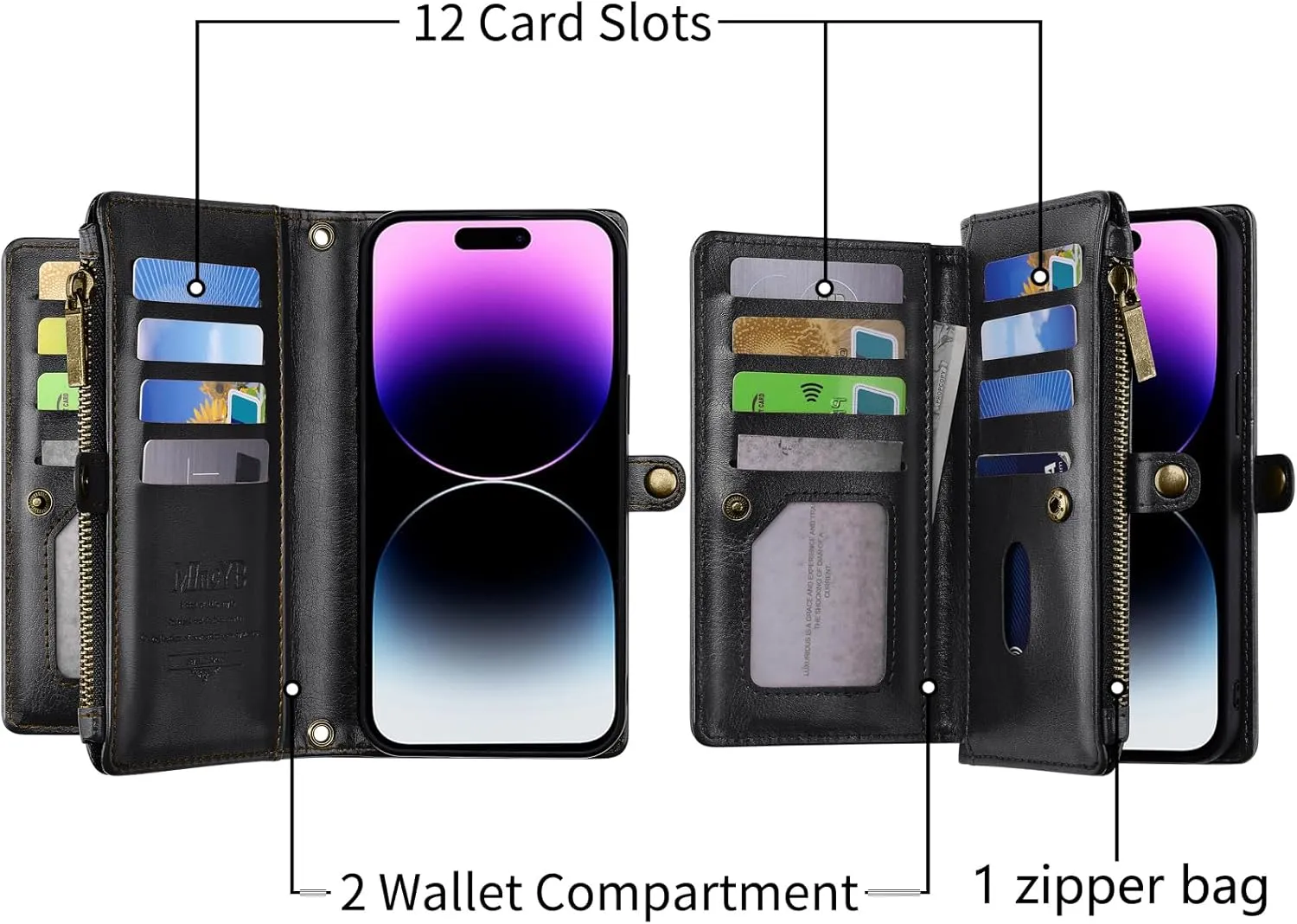 MInCYB for iPhone 13 Pro Wallet Case with Card Holder (12 Card Slots) - PU Leather Case for Women & Men, Wireless Charging, Detachable Magnetic, Crossbody Strap, Shockproof Protective Phone Cover.