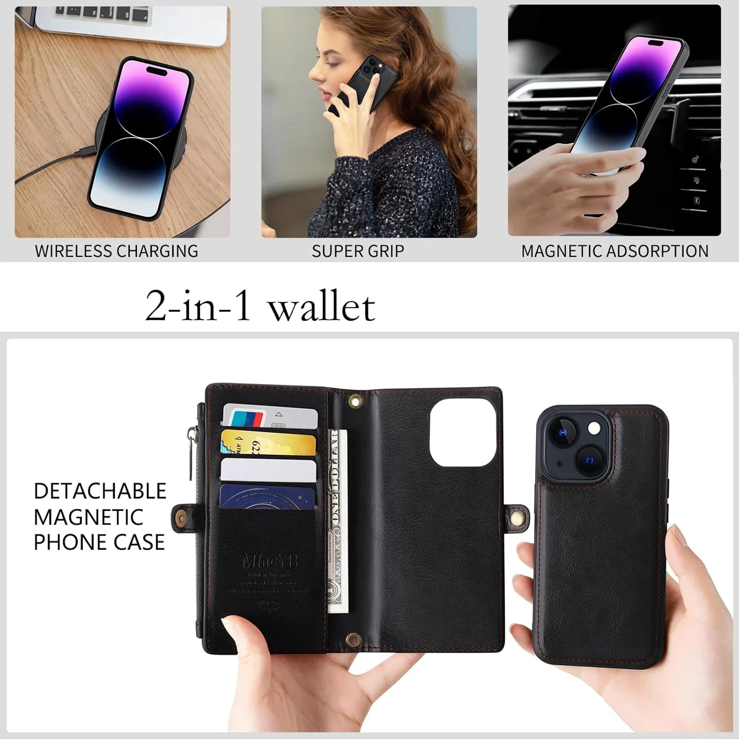MInCYB for iPhone 13 Pro Wallet Case with Card Holder (12 Card Slots) - PU Leather Case for Women & Men, Wireless Charging, Detachable Magnetic, Crossbody Strap, Shockproof Protective Phone Cover.