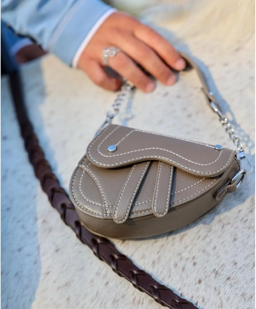 Mini Horse Saddle Crossbody Bag. Micro Purse. Vegan Leather Clutch Wallet with 2 Straps. In Brown, Gray, and Blush Pink
