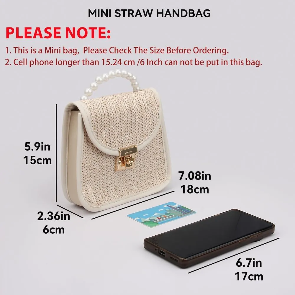 Mini Straw Bag for Girls, Summer Woven Crossbody Shoulder Bag for Women, Small Pearl Top Handle Handbag Flap Purse