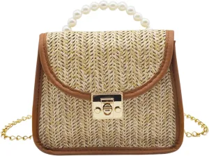 Mini Straw Bag for Girls, Summer Woven Crossbody Shoulder Bag for Women, Small Pearl Top Handle Handbag Flap Purse