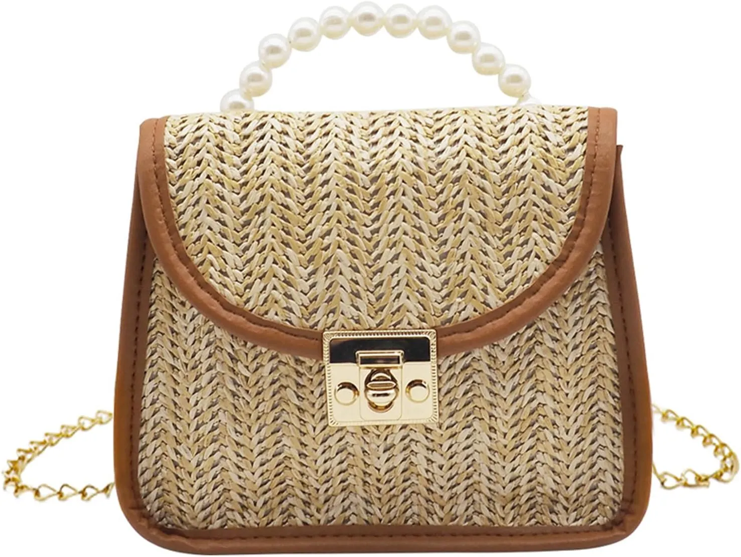 Mini Straw Bag for Girls, Summer Woven Crossbody Shoulder Bag for Women, Small Pearl Top Handle Handbag Flap Purse