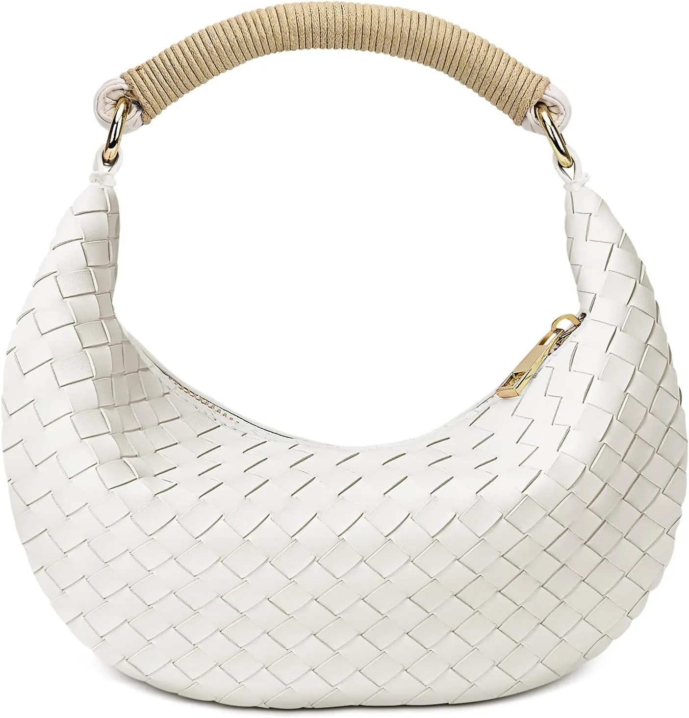 Mini Woven Hobo Bag for Women，Faux Weave Clutch-Small Stylish Vegan PU Leather Dumpling Bag With Rope Handle- Elegant White Purse for woman-Daily Casual Use and Travel