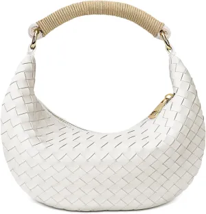 Mini Woven Hobo Bag for Women，Faux Weave Clutch-Small Stylish Vegan PU Leather Dumpling Bag With Rope Handle- Elegant White Purse for woman-Daily Casual Use and Travel