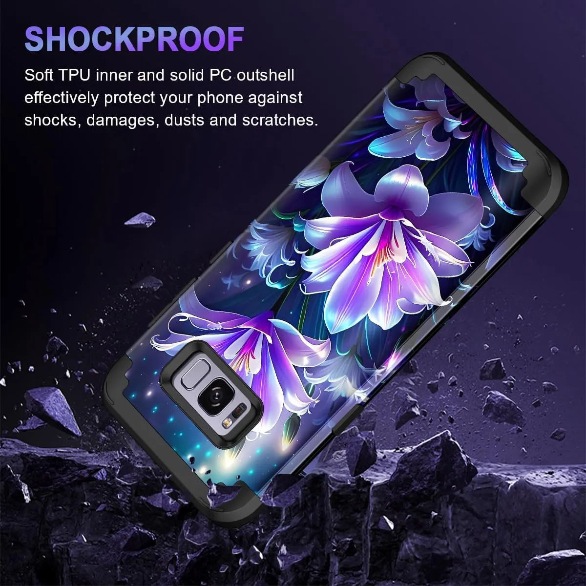 Miqala for Galaxy S8 Case,Marble Design Three Layer Heavy Duty Shockproof Hard Plastic Bumper  Soft Silicone Rubber Protective Case for Samsung Galaxy S8,Purple Flower