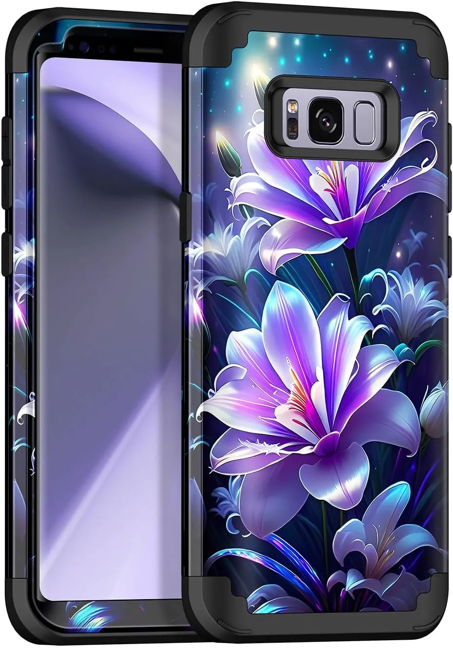 Miqala for Galaxy S8 Case,Marble Design Three Layer Heavy Duty Shockproof Hard Plastic Bumper  Soft Silicone Rubber Protective Case for Samsung Galaxy S8,Purple Flower