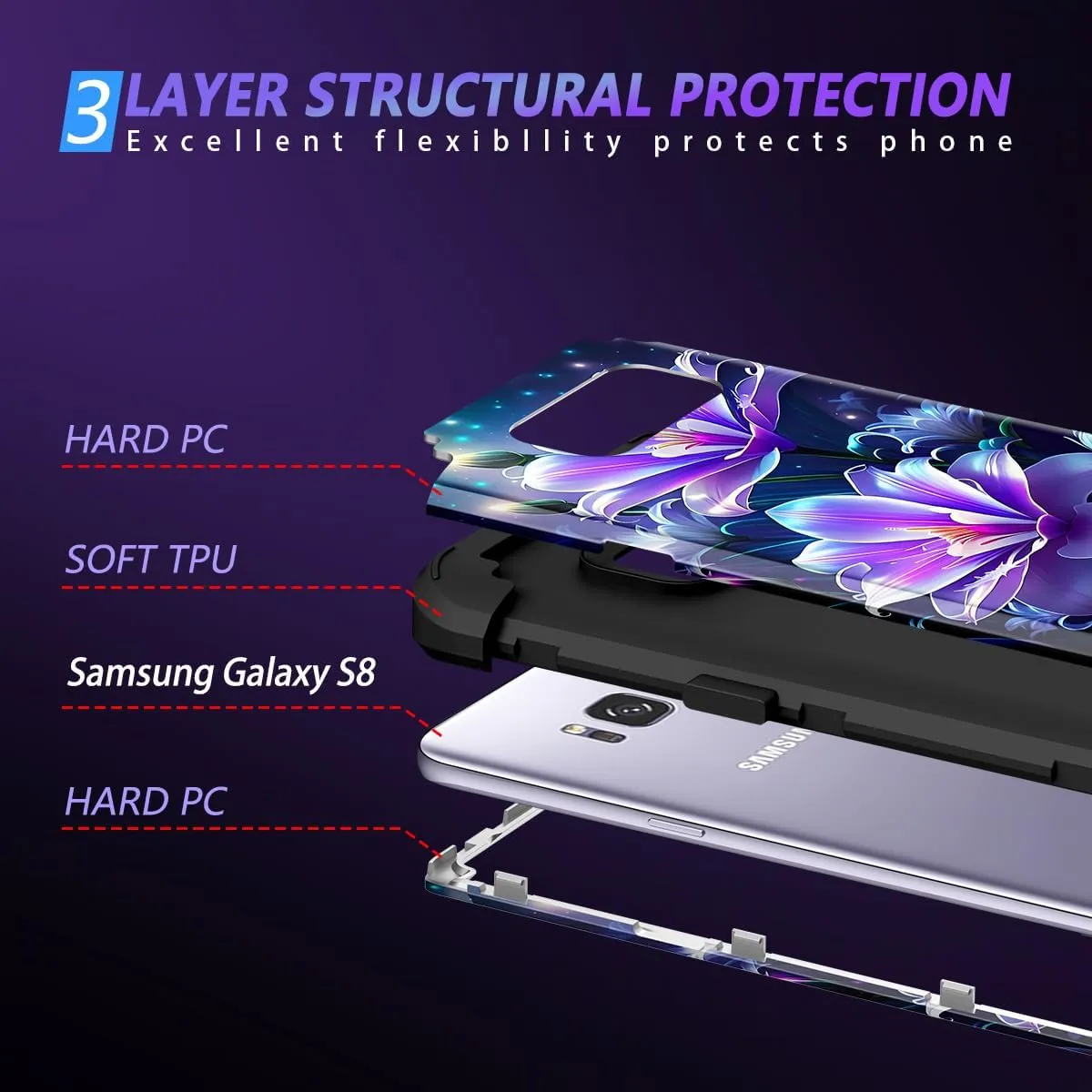 Miqala for Galaxy S8 Case,Marble Design Three Layer Heavy Duty Shockproof Hard Plastic Bumper  Soft Silicone Rubber Protective Case for Samsung Galaxy S8,Purple Flower