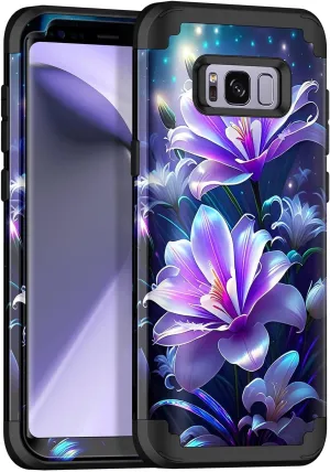 Miqala for Galaxy S8 Case,Marble Design Three Layer Heavy Duty Shockproof Hard Plastic Bumper  Soft Silicone Rubber Protective Case for Samsung Galaxy S8,Purple Flower