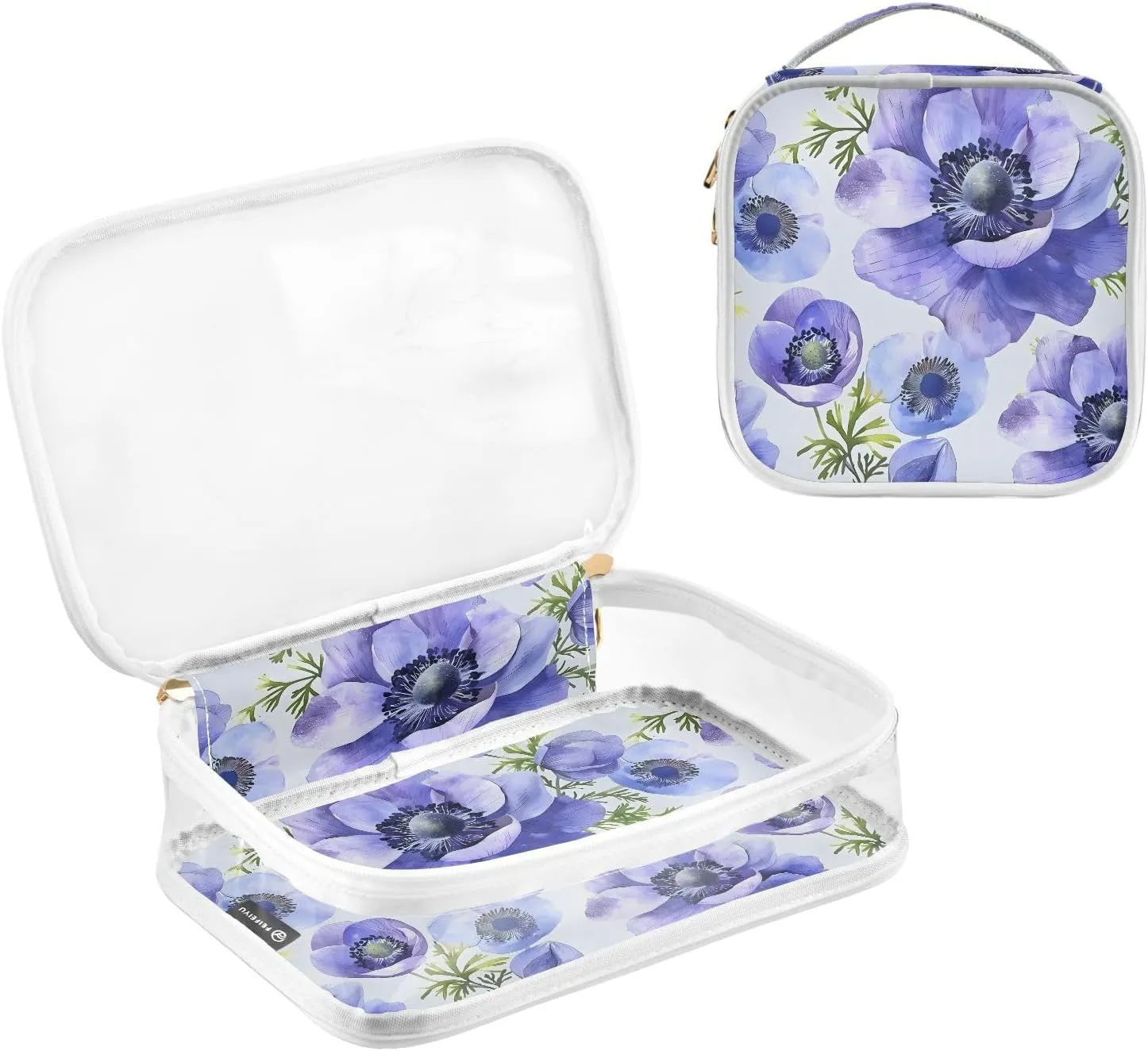 MNSRUU Clear Makeup Bags Blue Anemone Flowers Toiletry Bag for Women 2 PCS Waterproof Clear Bags Clear Travel Toiletry Bag Small Cosmetic Makeup Bag, Carry on Airport Airline Compliant Bag