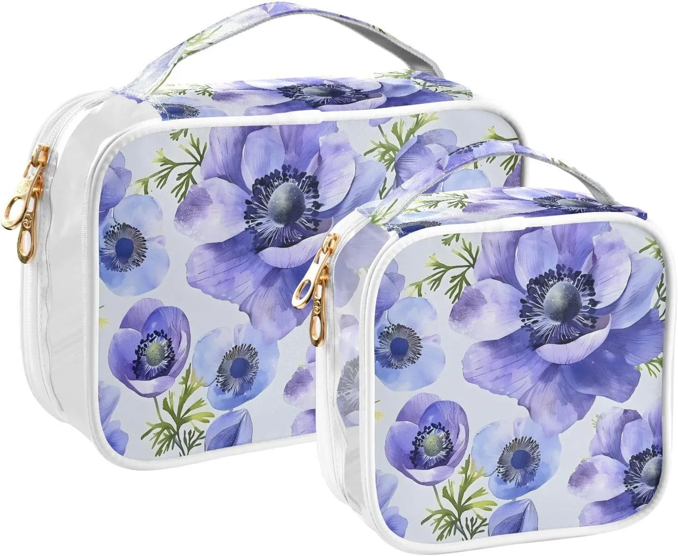 MNSRUU Clear Makeup Bags Blue Anemone Flowers Toiletry Bag for Women 2 PCS Waterproof Clear Bags Clear Travel Toiletry Bag Small Cosmetic Makeup Bag, Carry on Airport Airline Compliant Bag