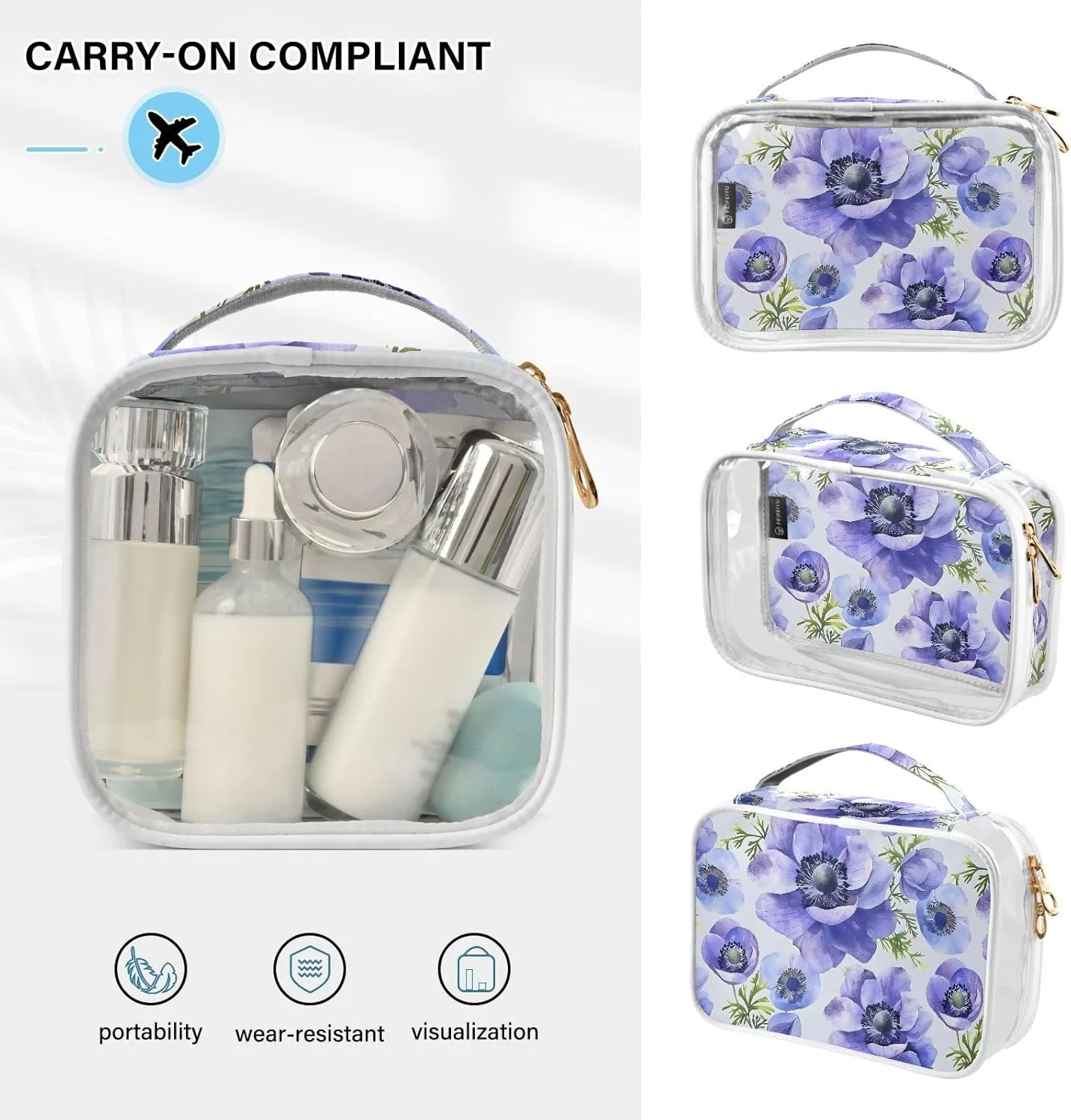 MNSRUU Clear Makeup Bags Blue Anemone Flowers Toiletry Bag for Women 2 PCS Waterproof Clear Bags Clear Travel Toiletry Bag Small Cosmetic Makeup Bag, Carry on Airport Airline Compliant Bag