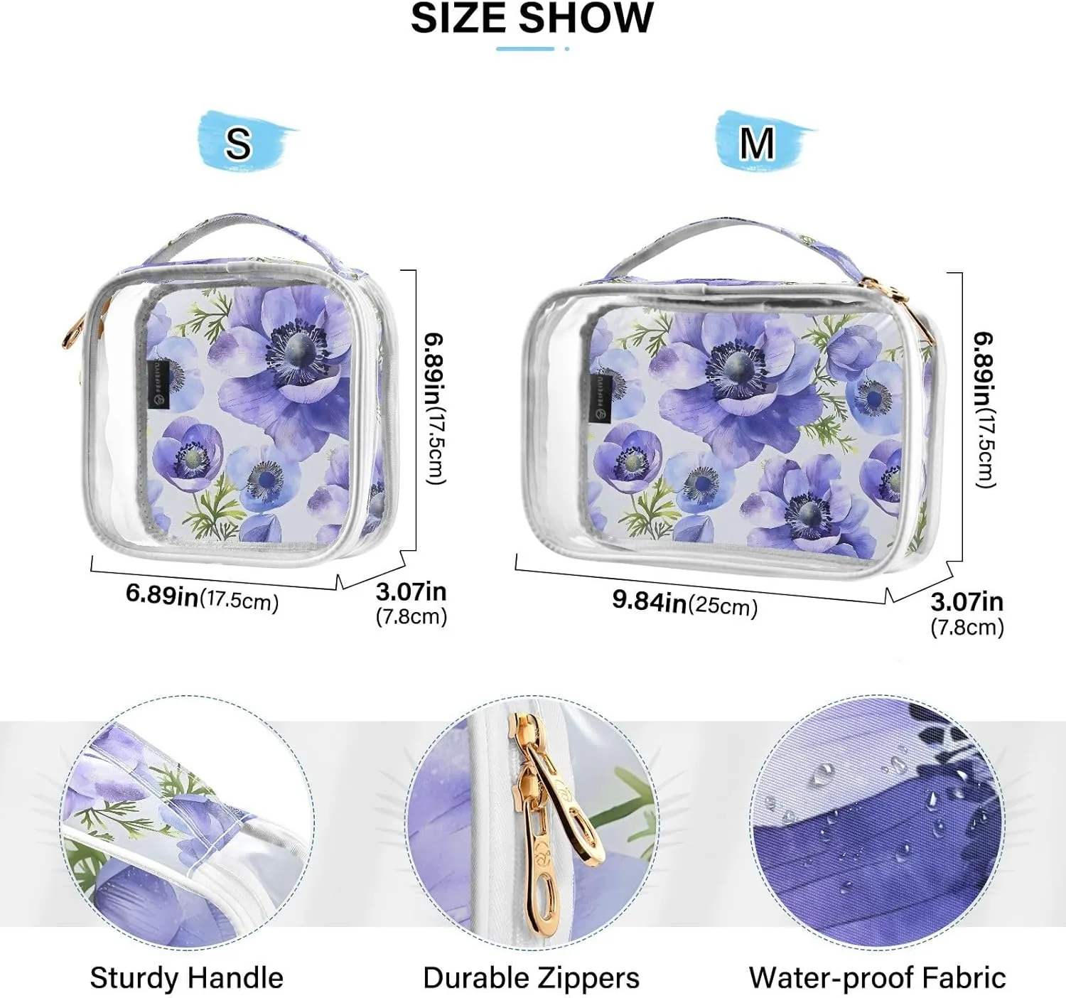 MNSRUU Clear Makeup Bags Blue Anemone Flowers Toiletry Bag for Women 2 PCS Waterproof Clear Bags Clear Travel Toiletry Bag Small Cosmetic Makeup Bag, Carry on Airport Airline Compliant Bag