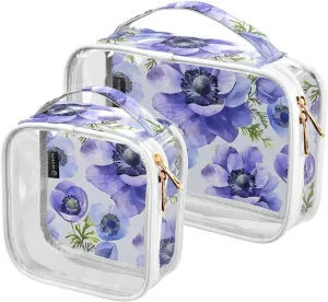MNSRUU Clear Makeup Bags Blue Anemone Flowers Toiletry Bag for Women 2 PCS Waterproof Clear Bags Clear Travel Toiletry Bag Small Cosmetic Makeup Bag, Carry on Airport Airline Compliant Bag