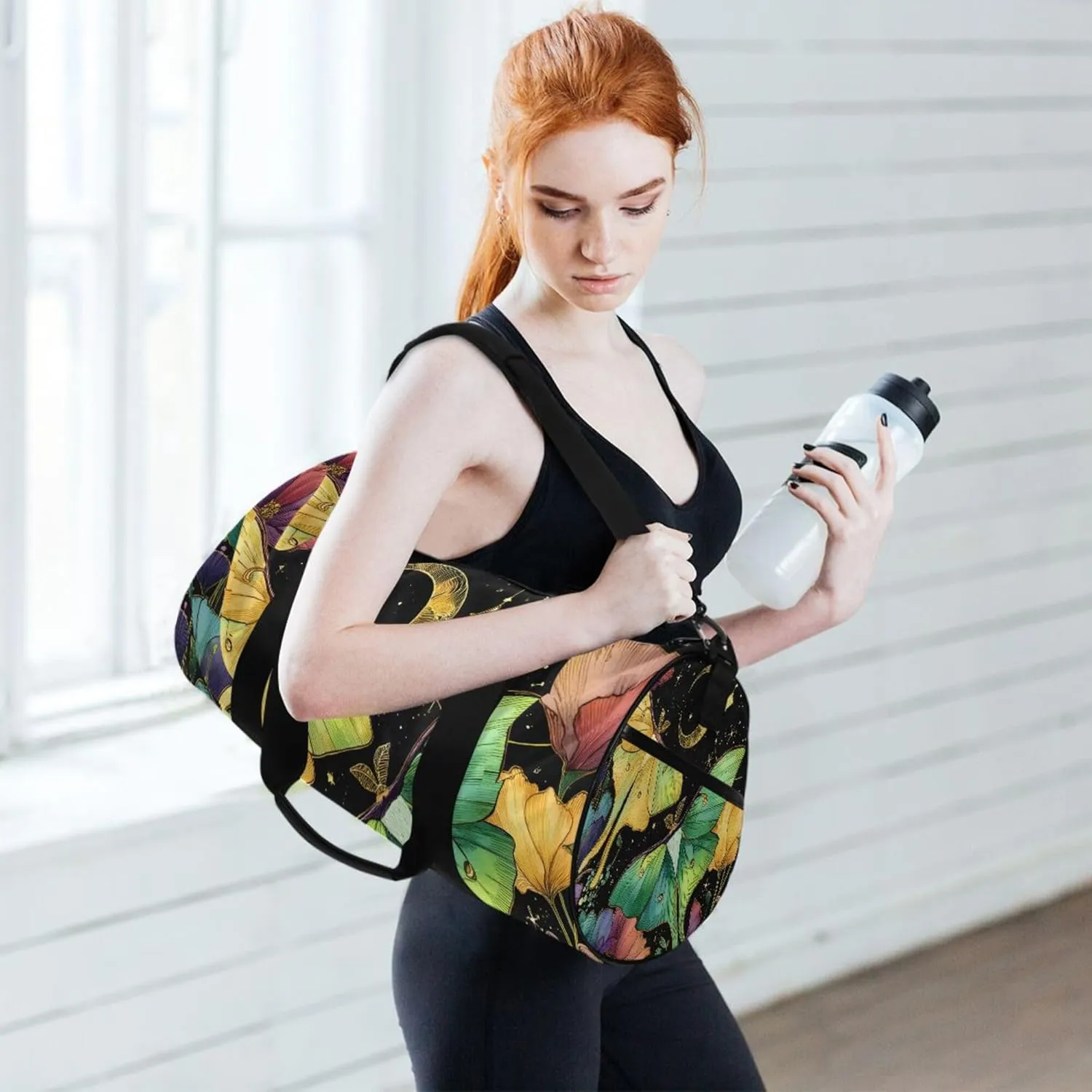 MNSRUU Sports Duffel Bags, Yellow Green Moth Athletic Gym Bag Overnight Workout Travel Tote Luggage for Men Women Yoga