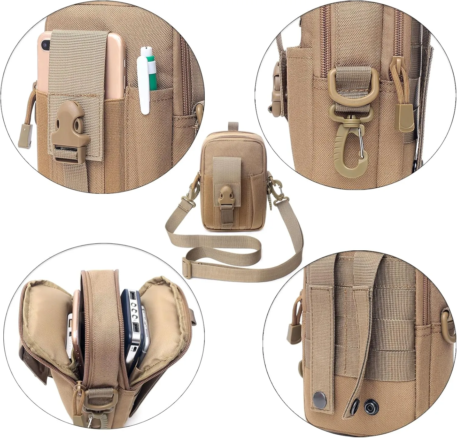 Molle bags, tactical EDC bags, multi-purpose tactical backpacks and compact multi-pocket tool bags with cushioned shock protection inside. Ideal for outdoor travel, hiking(Khaki)