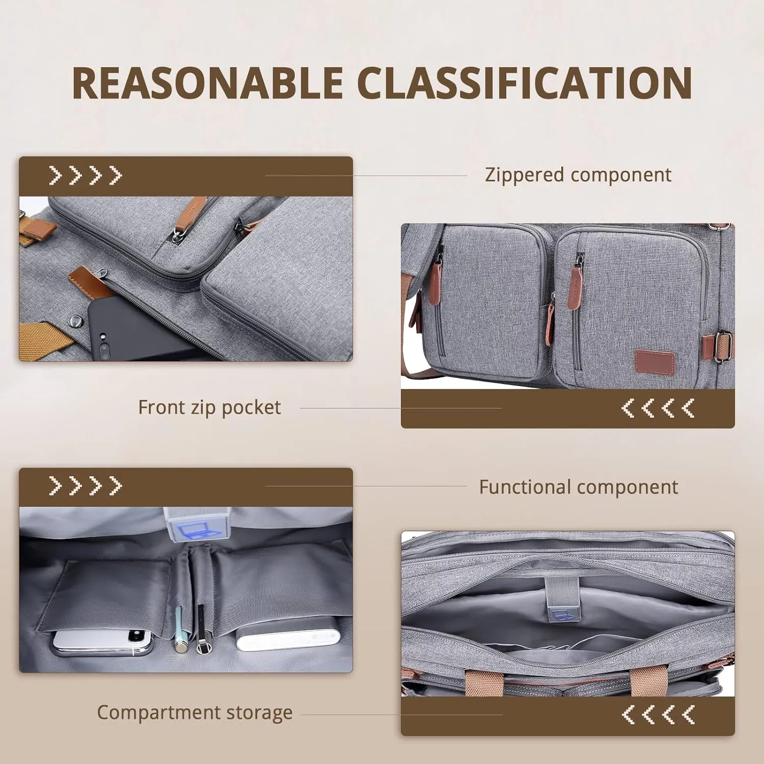 MOLNIA 15.6 inch Laptop Backpack,3 in 1 Briefcases For Men,Laptop Backpack, Messenger Bag,Computer Bags For Men, Grey