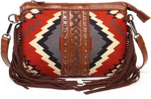 Molodo Boho Floral Crossbody Bag for Women Vintage Fringed Hobo Bag Studded Shoulder Bag Trendy PU Leather Handbag Purses