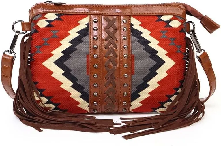 Molodo Boho Floral Crossbody Bag for Women Vintage Fringed Hobo Bag Studded Shoulder Bag Trendy PU Leather Handbag Purses