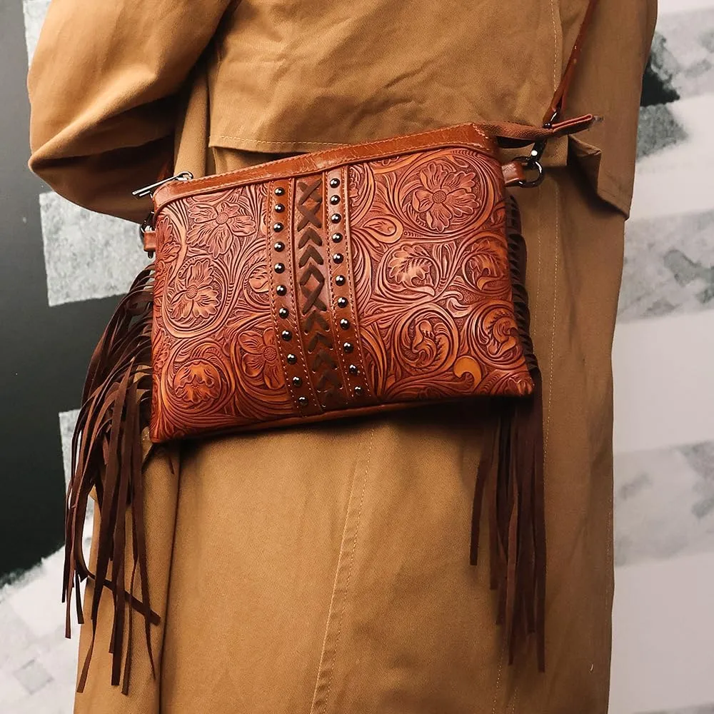 Molodo Boho Floral Crossbody Bag for Women Vintage Fringed Hobo Bag Studded Shoulder Bag Trendy PU Leather Handbag Purses