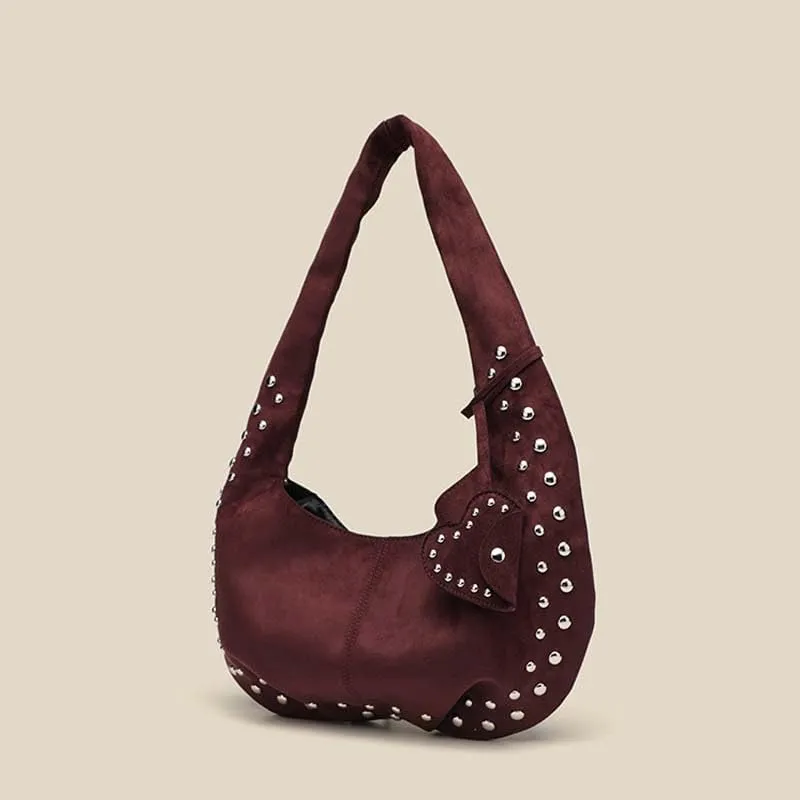 Molodo Rivets Studded Shoulder Bag for Women Suede Leather Hobo Bag Retro Tote Handbag Purses Fall Winter Underarm Bags