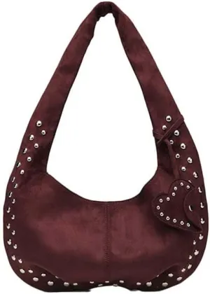 Molodo Rivets Studded Shoulder Bag for Women Suede Leather Hobo Bag Retro Tote Handbag Purses Fall Winter Underarm Bags