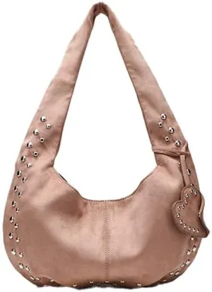 Molodo Rivets Studded Shoulder Bag for Women Suede Leather Hobo Bag Retro Tote Handbag Purses Fall Winter Underarm Bags