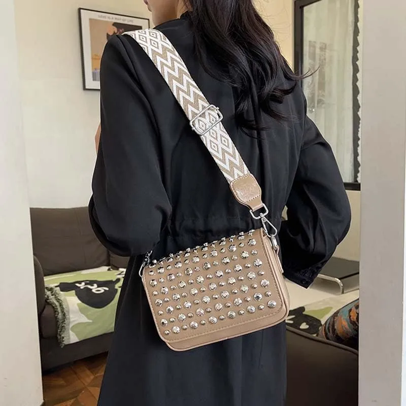 Molodo Studded Shoulder Bag for Women Trendy PU Leather Crossbody Bag Punk Handbag Purses Retro Small Shoulder Handbag