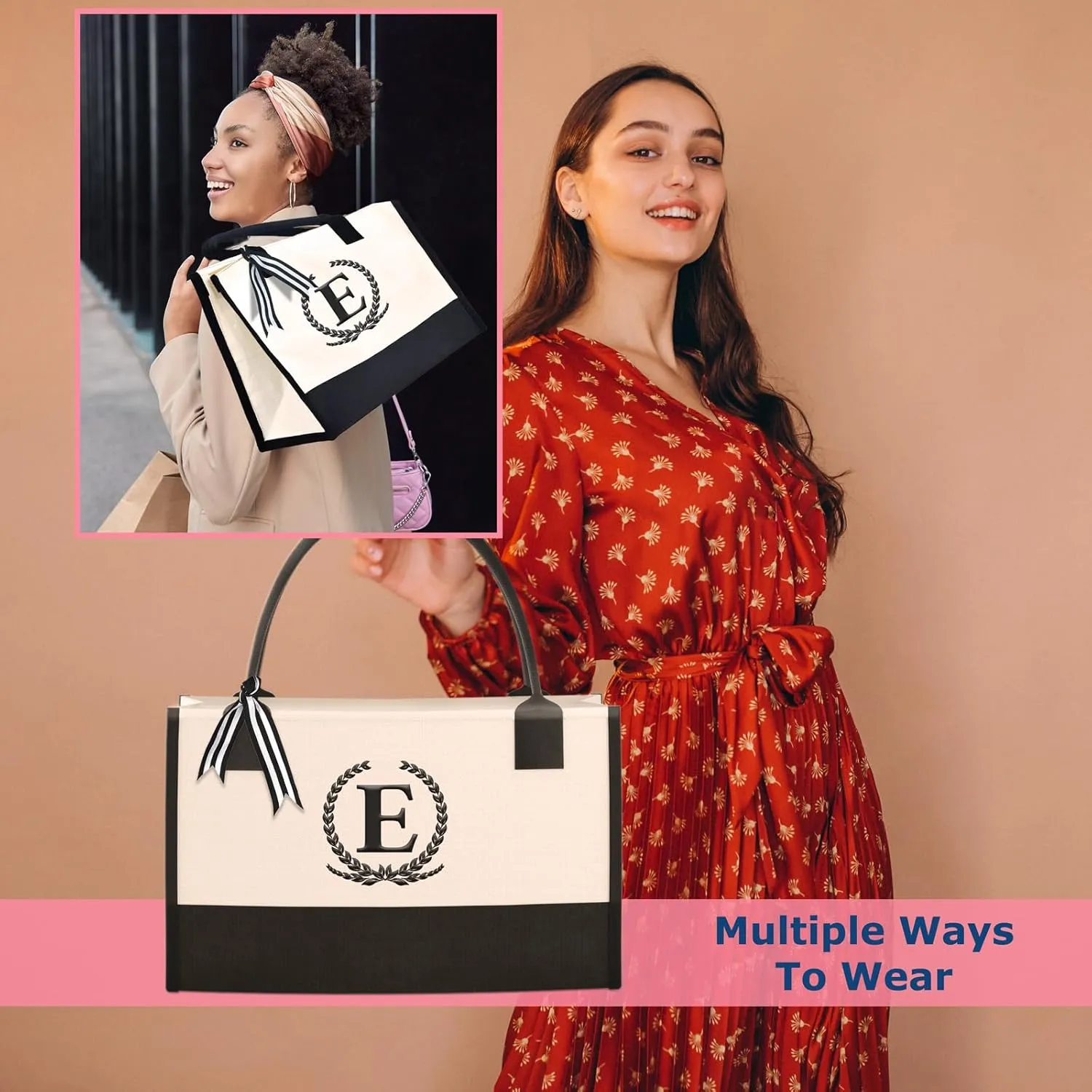 Monogrammed Canvas Tote Bag with Zipper Pockets - Ideal Gift for Mom, Teacher, Sister