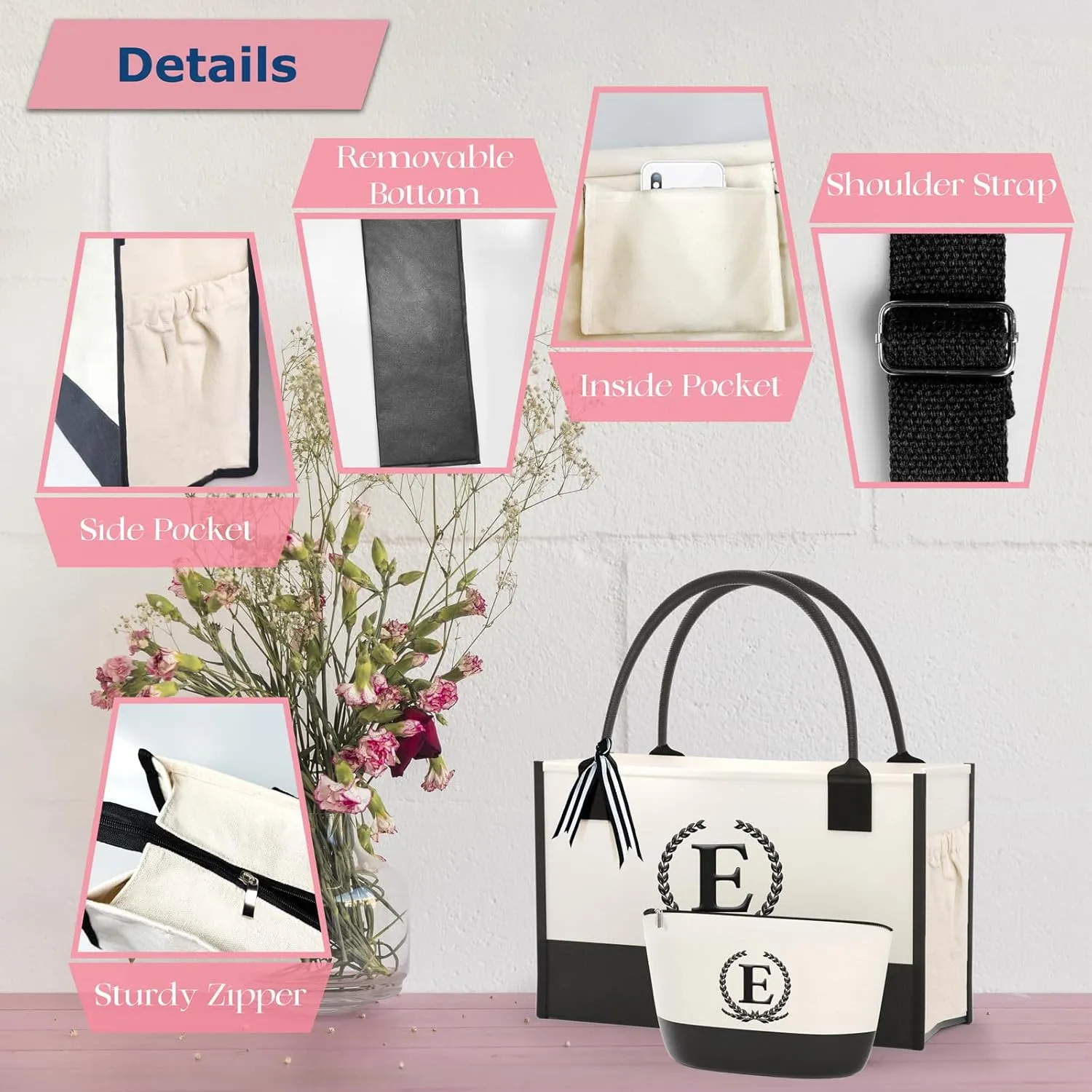 Monogrammed Canvas Tote Bag with Zipper Pockets - Ideal Gift for Mom, Teacher, Sister