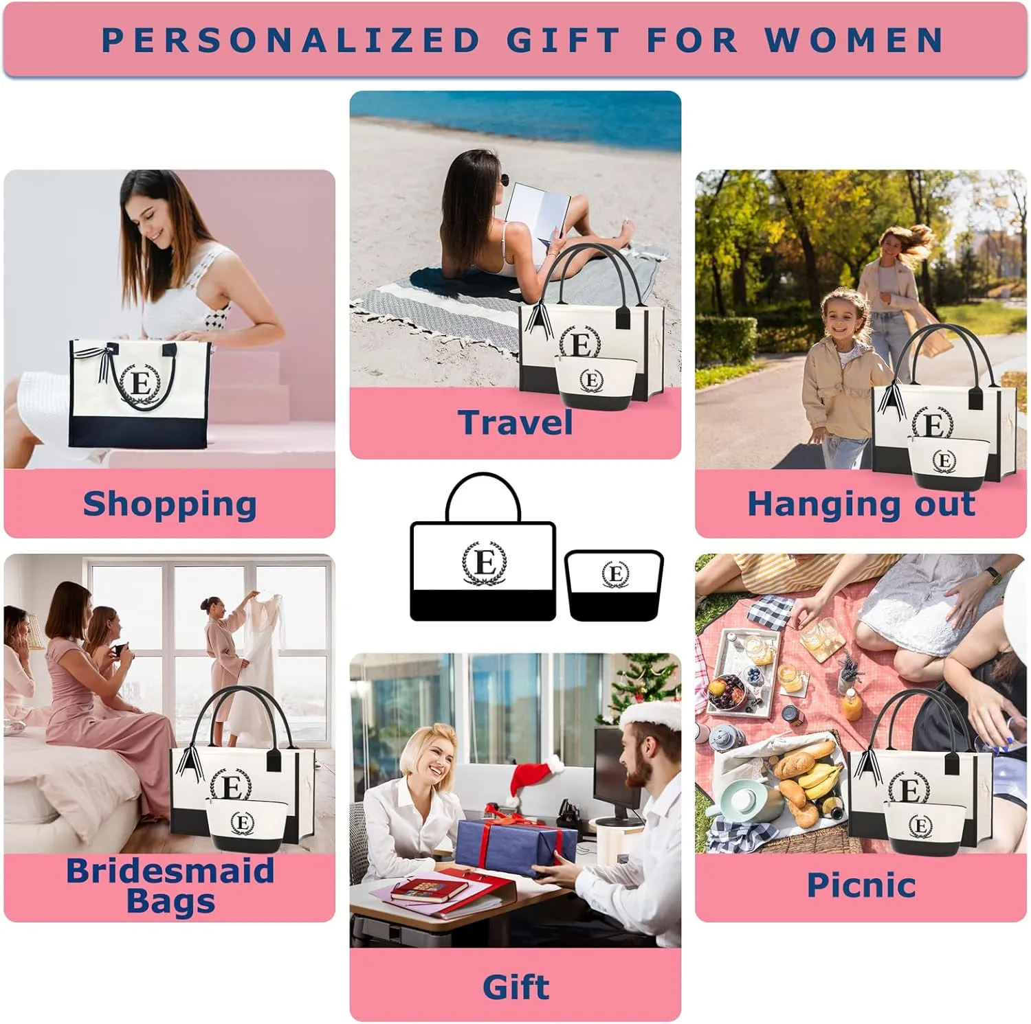 Monogrammed Canvas Tote Bag with Zipper Pockets - Ideal Gift for Mom, Teacher, Sister