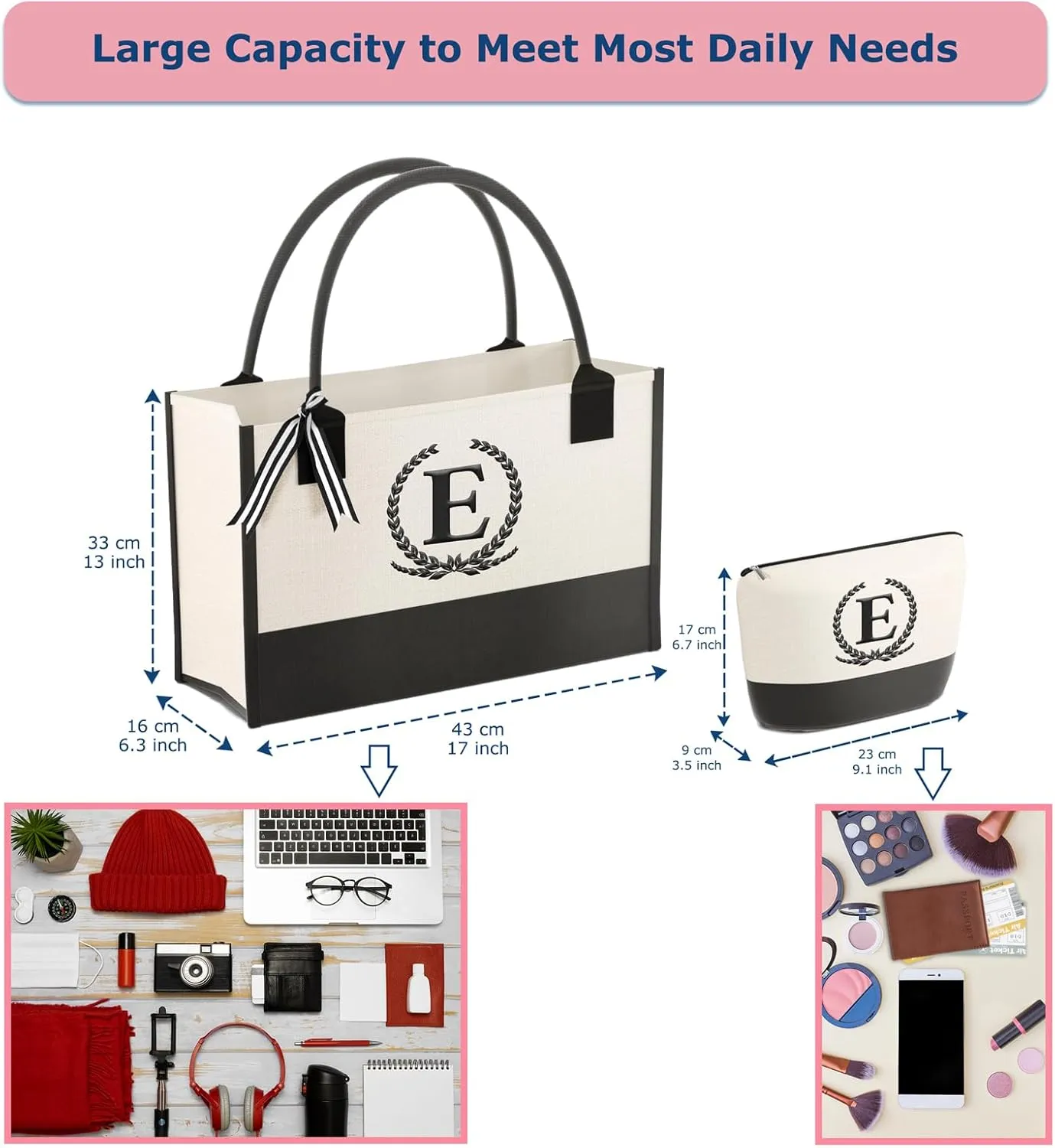 Monogrammed Canvas Tote Bag with Zipper Pockets - Ideal Gift for Mom, Teacher, Sister