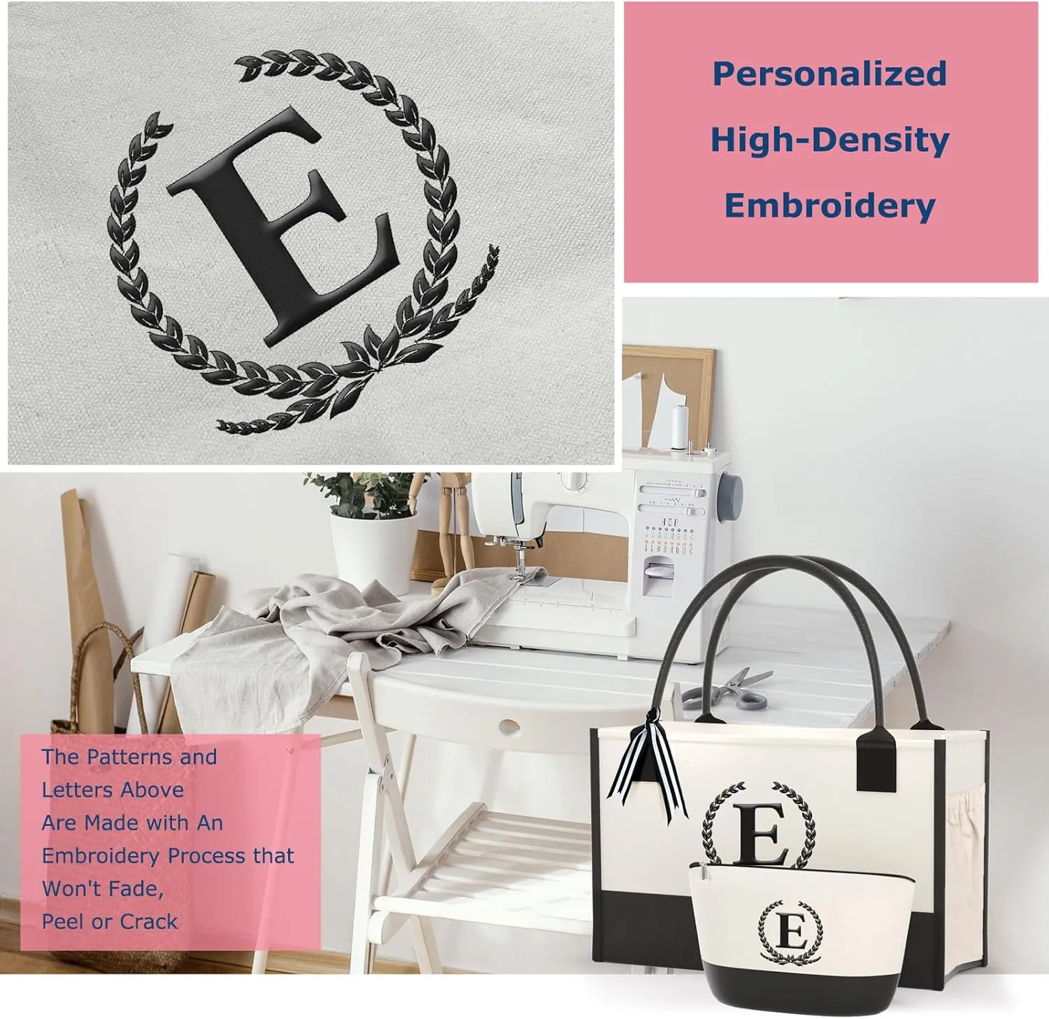 Monogrammed Canvas Tote Bag with Zipper Pockets - Ideal Gift for Mom, Teacher, Sister
