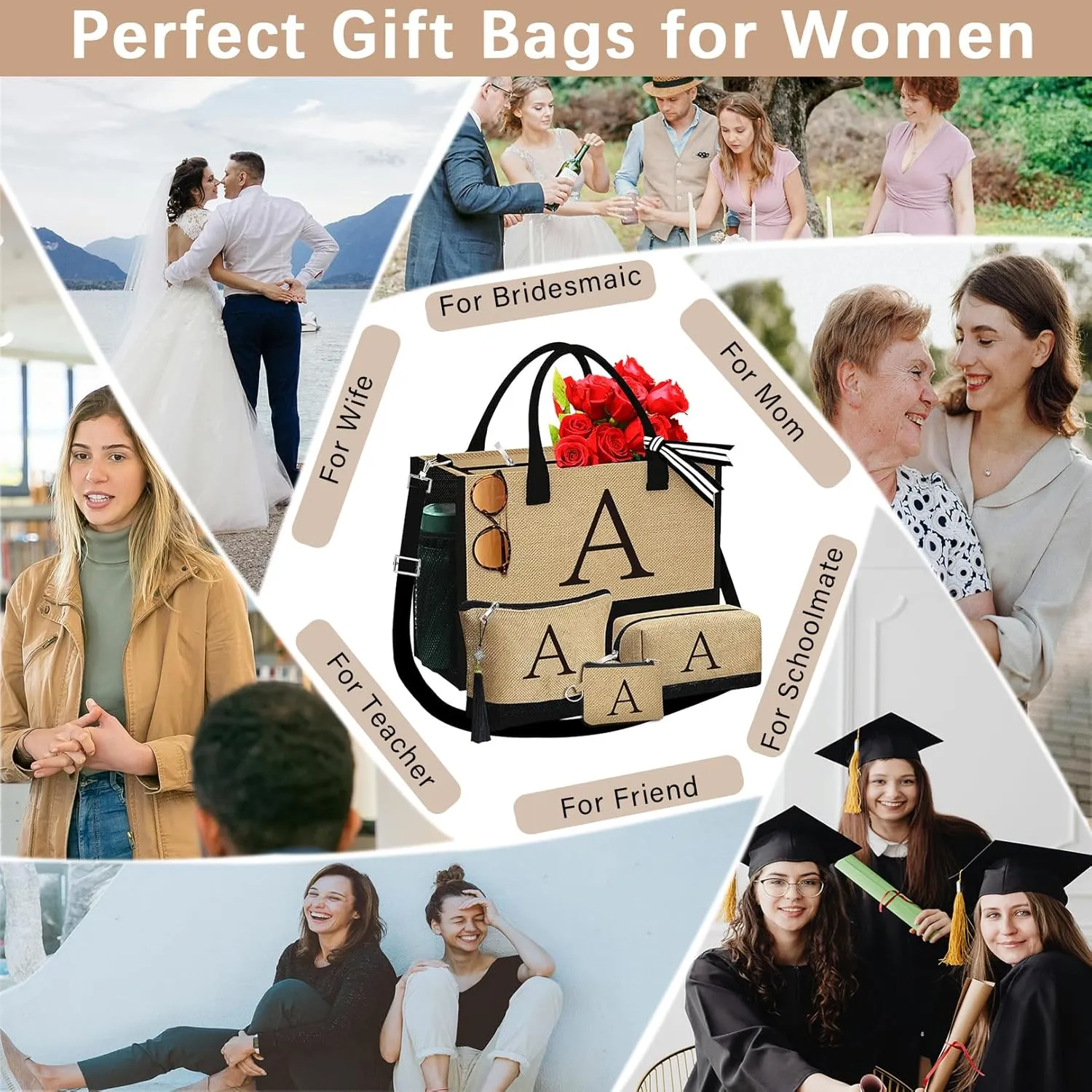 Monogrammed Tote Bags, 3Pcs Birthday Gifts for Women Initial Personalized Jute Tote Bags for Her Female Sister Mom