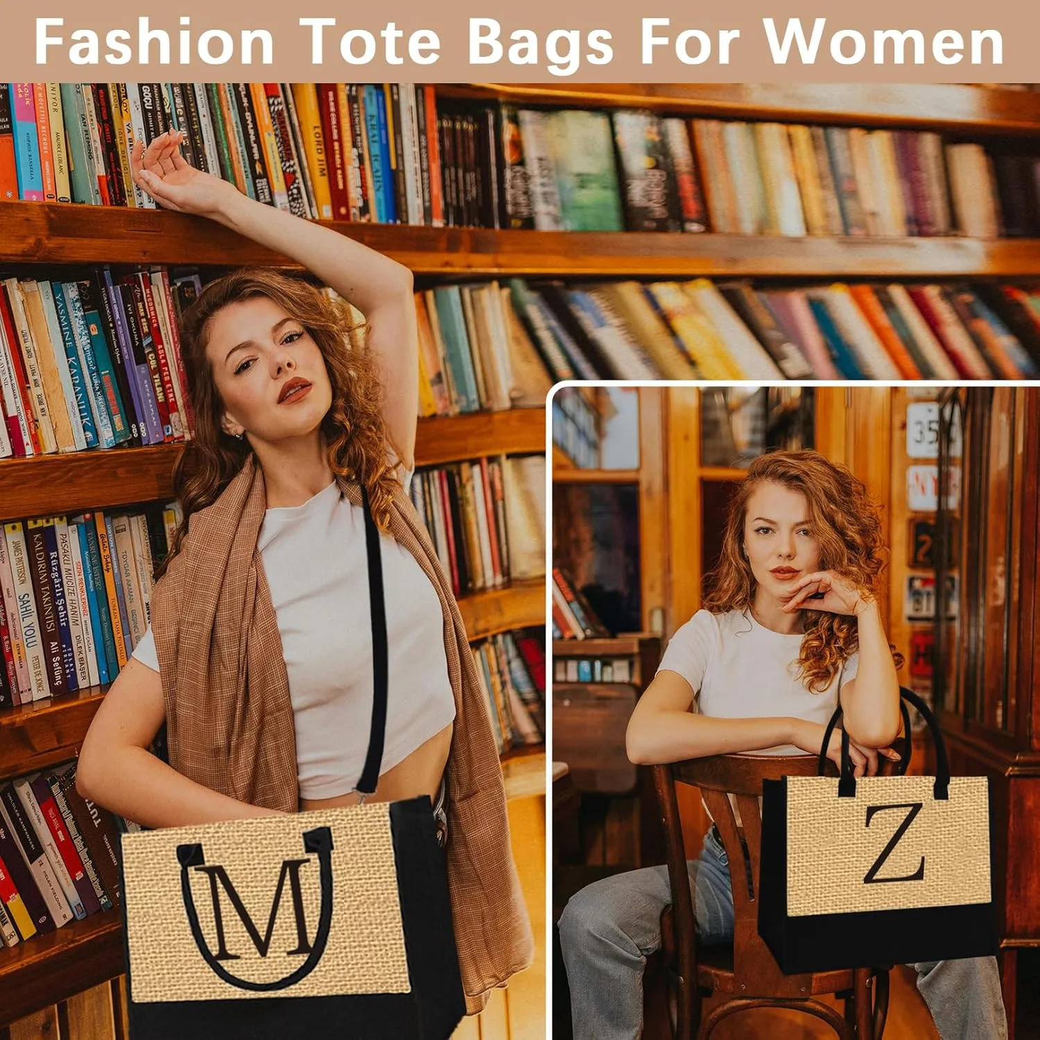 Monogrammed Tote Bags, 3Pcs Birthday Gifts for Women Initial Personalized Jute Tote Bags for Her Female Sister Mom