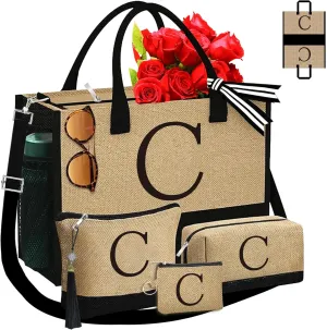 Monogrammed Tote Bags, 3Pcs Birthday Gifts for Women Initial Personalized Jute Tote Bags for Her Female Sister Mom