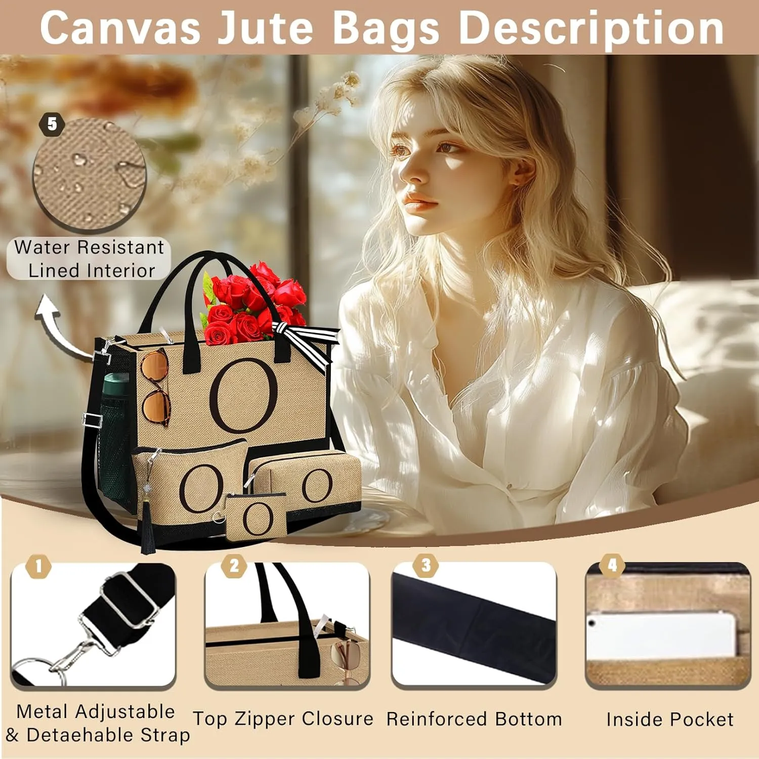 Monogrammed Tote Bags, 3Pcs Birthday Gifts for Women Initial Personalized Jute Tote Bags for Her Female Sister Mom