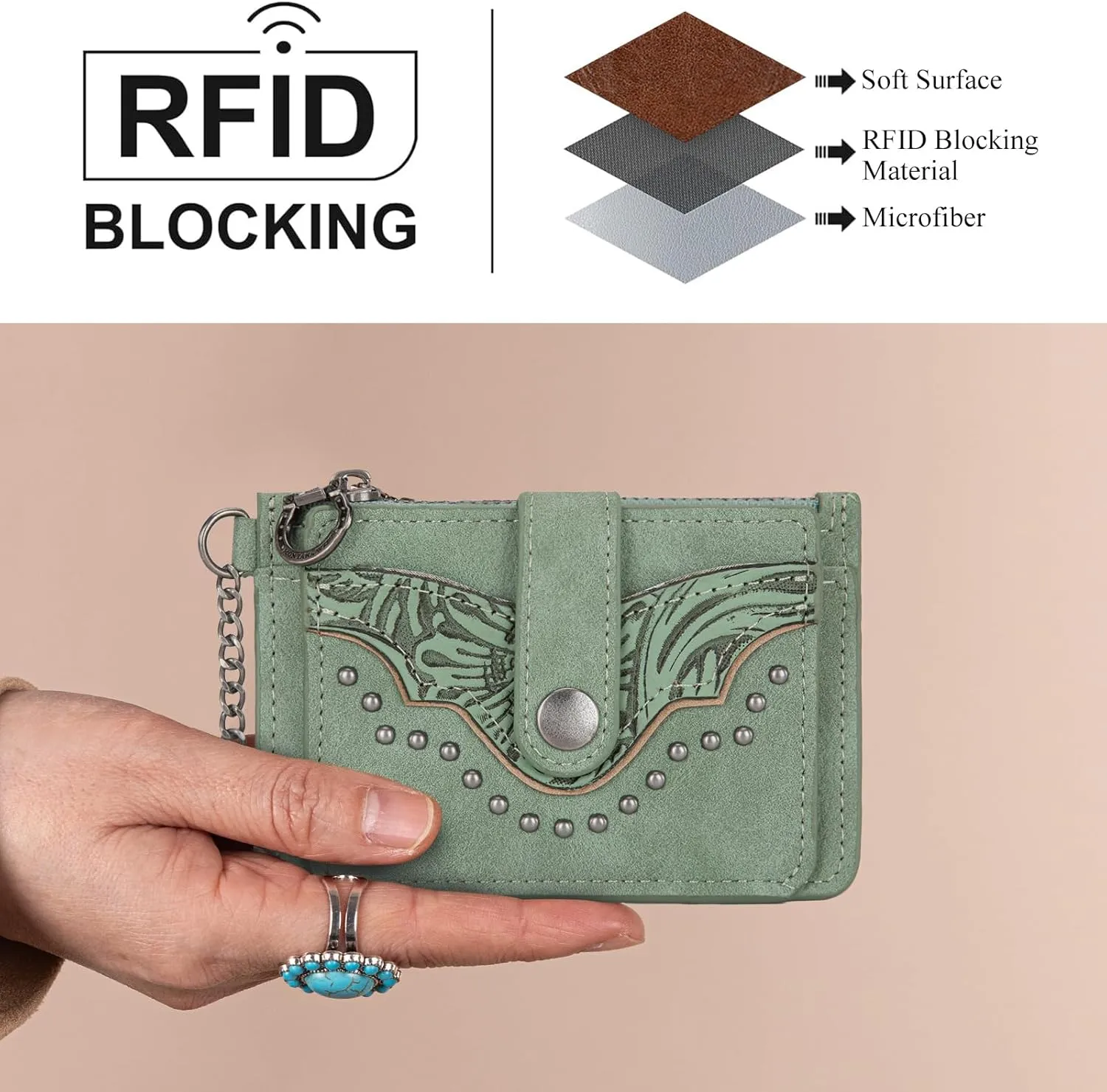 Montana West Small Women's Wallet Slim Credit Card Holder with RFID Lining Minimalist Card Cases & Money Organizers Slim Keychain Wallet with Western Studded and Zipper Coin Pocket